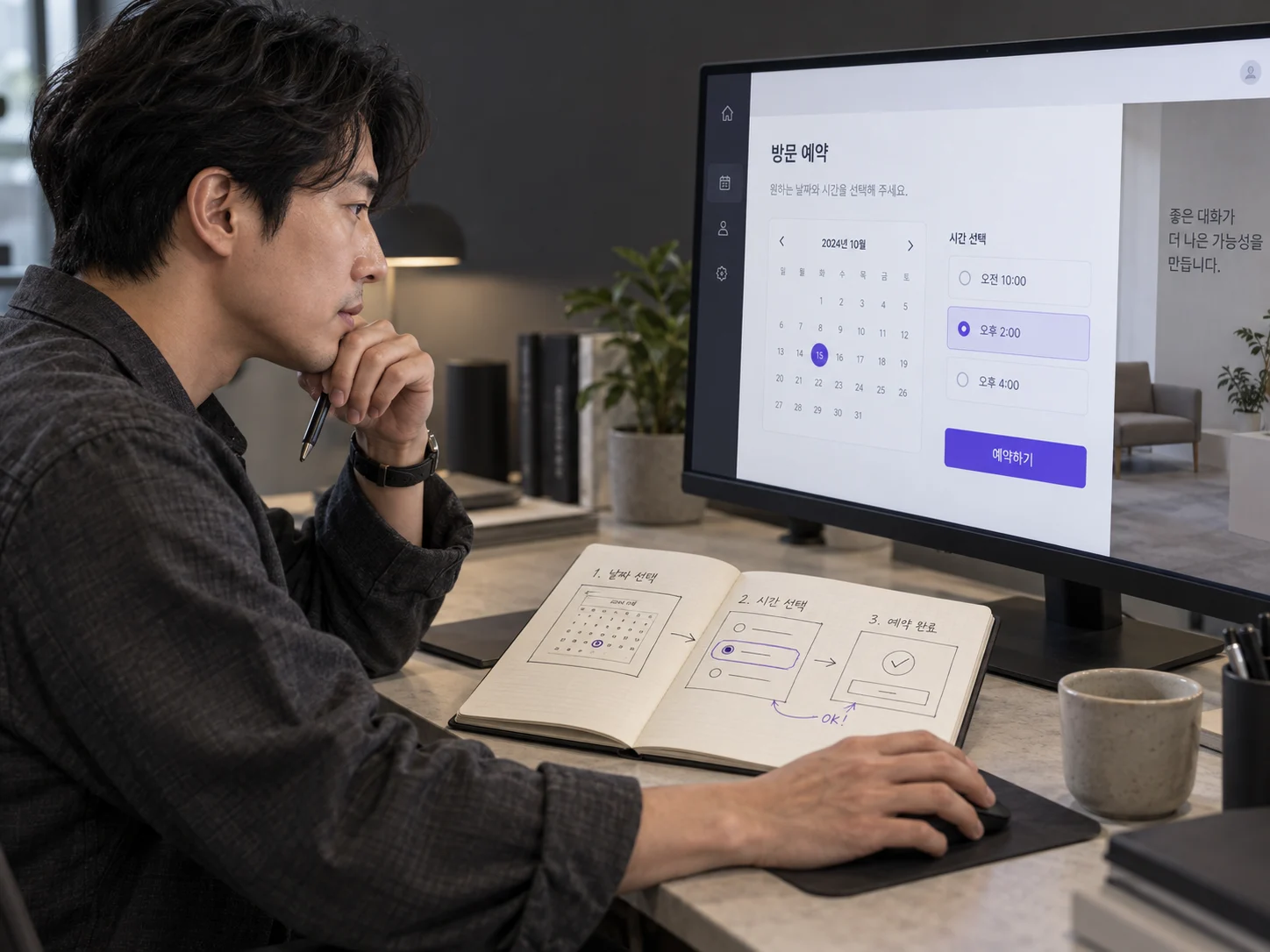 전문가가 설계 노트의 예약 흐름과 모니터에 구현된 예약 서비스를 대조하며 검토하는 연출 이미지